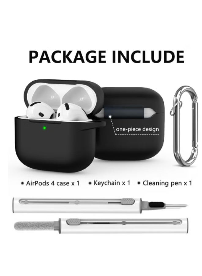 Soft Silicone Protective Case Cover for AirPods 4 with Cleaner Kit and Keychain (Black) - Image 3