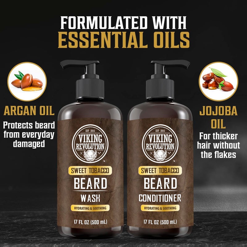 Viking Revolution Beard Wash and Beard Conditioner for Men with Argan Oil and Jojoba Oil - Beard Softener and Strengthener Beard Care Beard Shampoo and Conditioner with Beard Oil (17oz, Sweet Tobacco) - Image 4