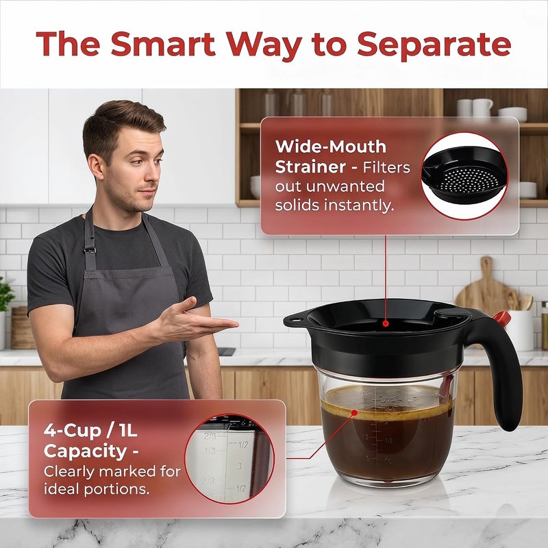 Sumteene Fat Separator for Gravy, 4 Cup Grease Gravy Separator with Scale, 32oz Grease Gravy Separator with Measuring Cup and Filter, with Multi-Functional Dish Sponge - Image 4