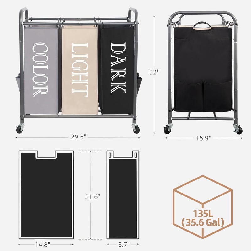 STORAGE MANIAC Laundry Sorter, Laundry Divider with Side Pockets, Multi Laundry Separator Hamper with Removable Bags and Rolling Lockable Wheels, Laundry Organizer Hamper, 3 Section Multicolored - Image 3