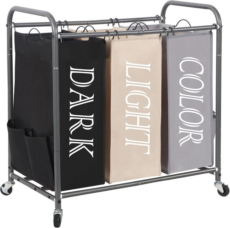 STORAGE MANIAC Laundry Sorter, Laundry Divider with Side Pockets, Multi Laundry Separator Hamper with Removable Bags and Rolling Lockable Wheels, Laundry Organizer Hamper, 3 Section Multicolored - Image 1