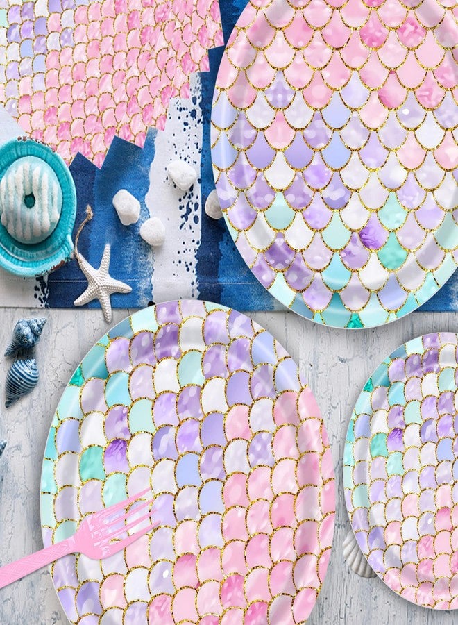 Dixutzi 96 Pcs Mermaid Birthday Party Decorations, Mermaid Party Supplies Including Paper Plate, Napkin and Fork, Ocean Theme Decor Tableware Set for Birthday, Serves 24 - Image 3
