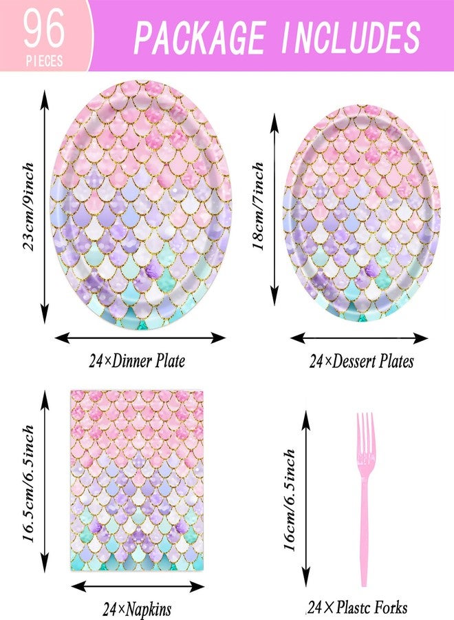 Dixutzi 96 Pcs Mermaid Birthday Party Decorations, Mermaid Party Supplies Including Paper Plate, Napkin and Fork, Ocean Theme Decor Tableware Set for Birthday, Serves 24 - Image 2