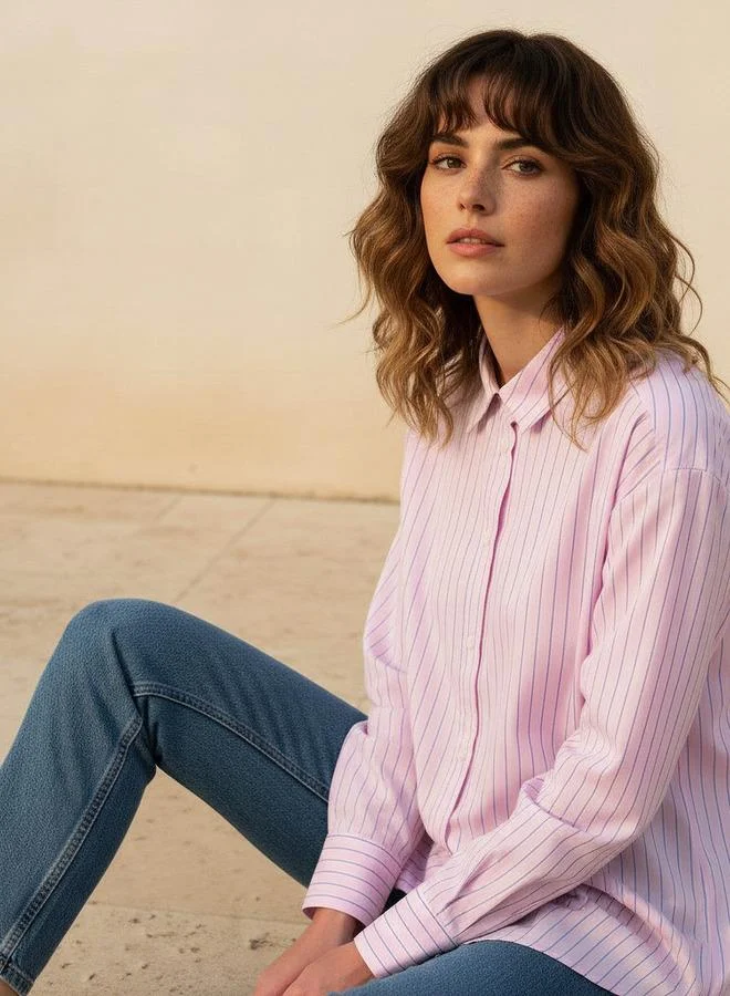 Lee Cooper Lee Cooper Regular Fit Striped Longline Shirt with Long Sleeves