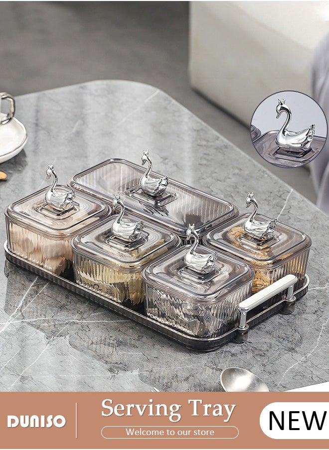 DUNISO Snack Serving Tray with Lid and Removable Dish Bowls Serving Platter,with Swan Handle,Candy and Nut Serving Container Divided Bowls for Dessert,Plastic Appetizer Platter Food Display Bowls Storage Organizer  - Image 1