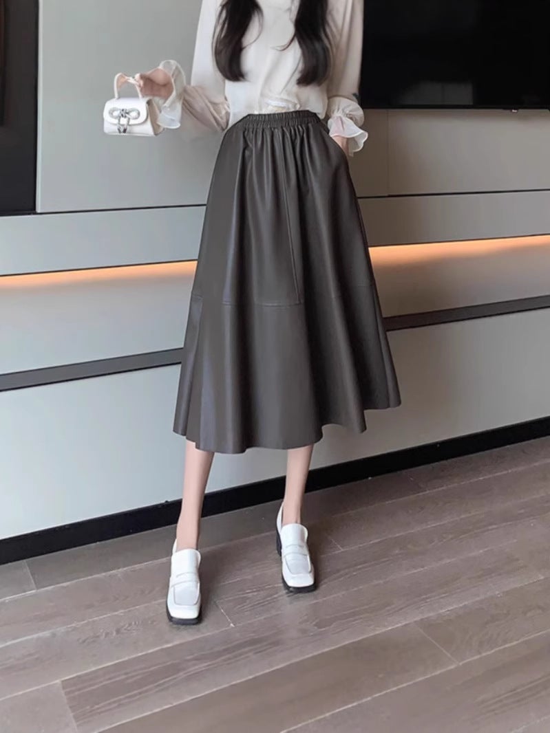 Mid-Length A- Line Large Swing Skirt Women'S Autumn Arrival Staggedness Slimming Wash Leather Umbrella Skirt - Image 3