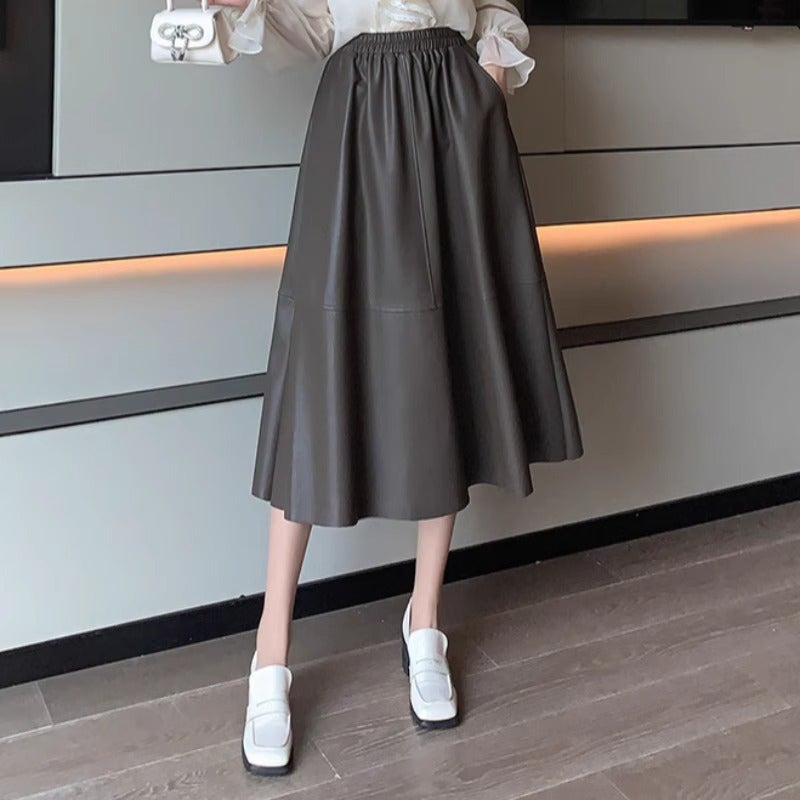 Mid-Length A- Line Large Swing Skirt Women'S Autumn Arrival Staggedness Slimming Wash Leather Umbrella Skirt - Image 1