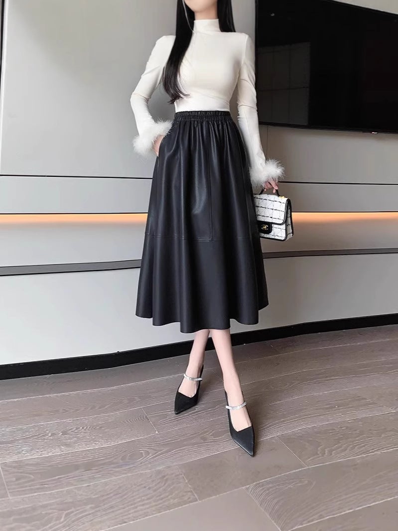 Mid-Length A- Line Large Swing Skirt Women'S Autumn Arrival Staggedness Slimming Wash Leather Umbrella Skirt - Image 4