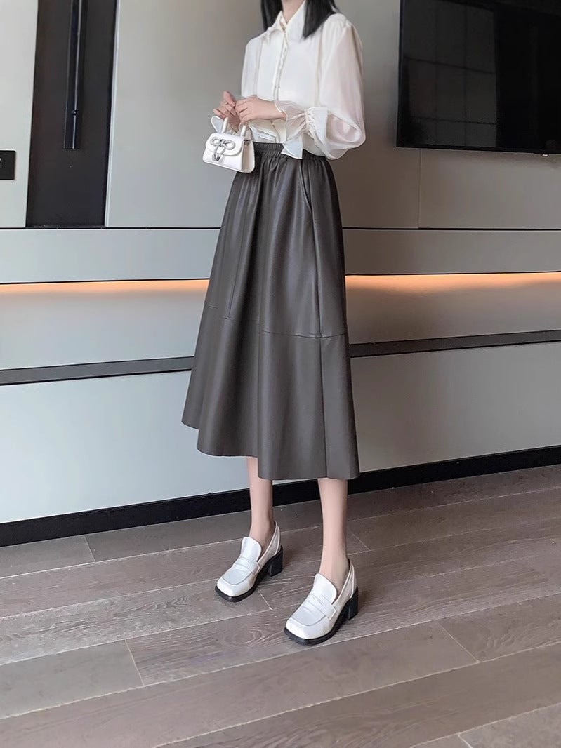 Mid-Length A- Line Large Swing Skirt Women'S Autumn Arrival Staggedness Slimming Wash Leather Umbrella Skirt - Image 5