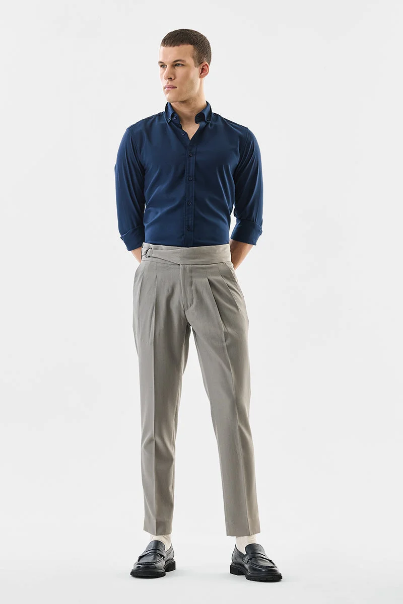 SNITCH Grey Solid Slim Fit Formal Trousers