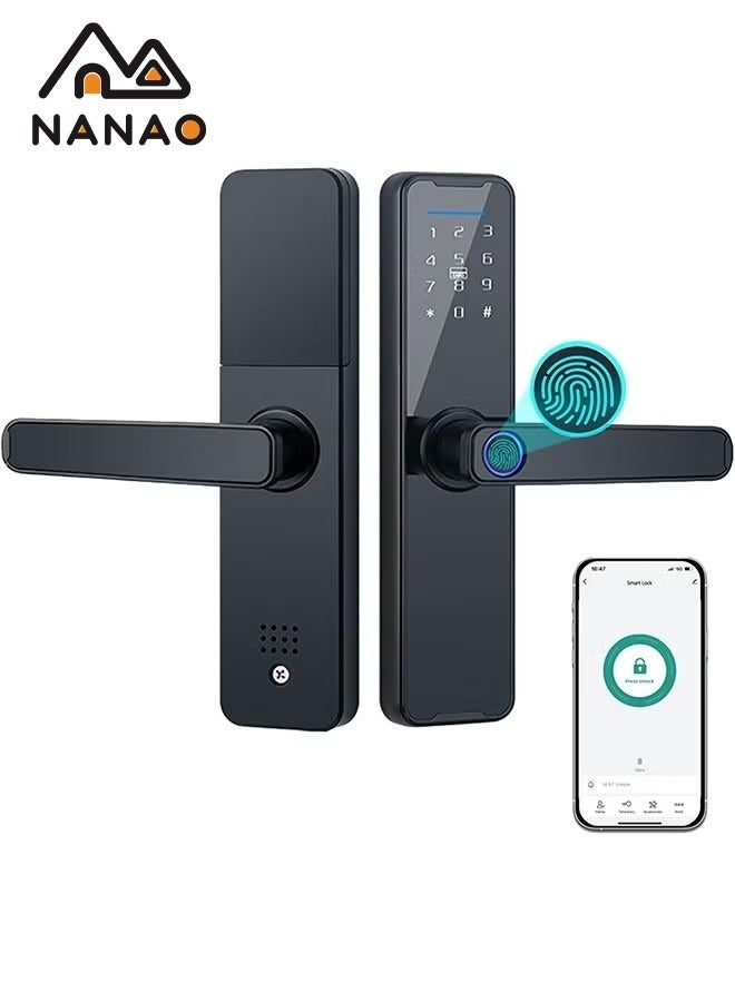 ناناو قفل تويا الذكي قفل الباب ببصمة الإصبع قفل الباب لوحة المفاتيح قفل الباب مع مقبض القفل الإلكتروني بصمة الإصبع قفل الباب الذكي قفل الباب متوافق مع تويا الأسود APP Black - Image 1