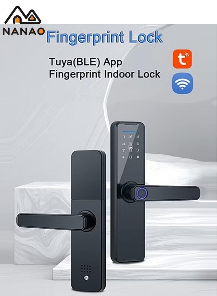 ناناو قفل تويا الذكي قفل الباب ببصمة الإصبع قفل الباب لوحة المفاتيح قفل الباب مع مقبض القفل الإلكتروني بصمة الإصبع قفل الباب الذكي قفل الباب متوافق مع تويا الأسود APP Black - Image 2