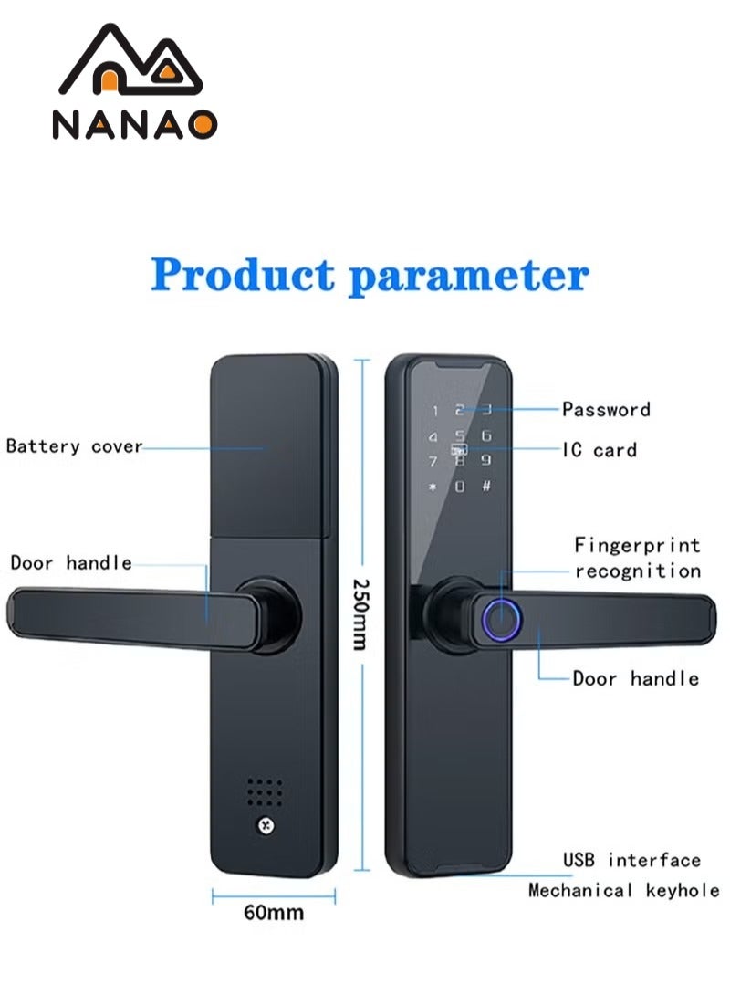 ناناو قفل تويا الذكي قفل الباب ببصمة الإصبع قفل الباب لوحة المفاتيح قفل الباب مع مقبض القفل الإلكتروني بصمة الإصبع قفل الباب الذكي قفل الباب متوافق مع تويا الأسود APP Black - Image 4