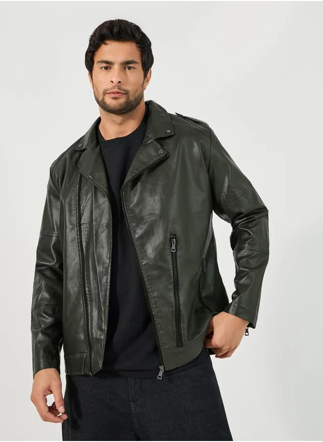 Styli Faux Leather Biker Jacket with Zip Detail