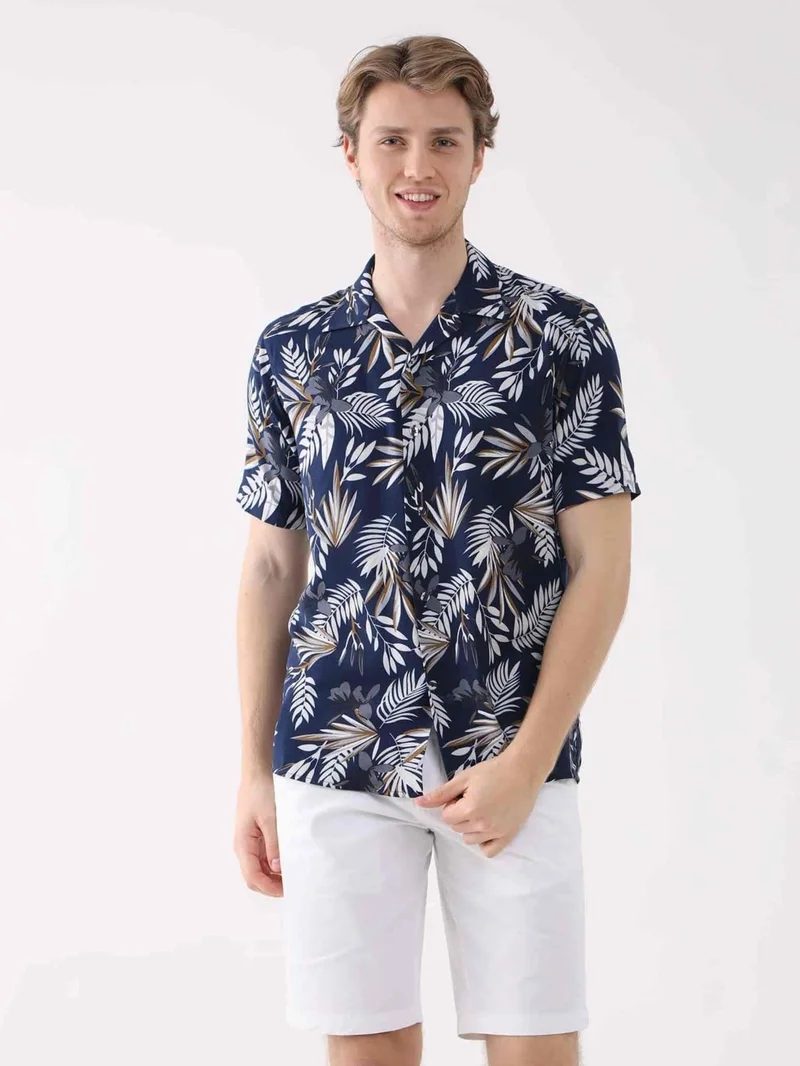 Dufy Navy Blue Men's Regular Fit Open Collar Short Sleeve Shirt