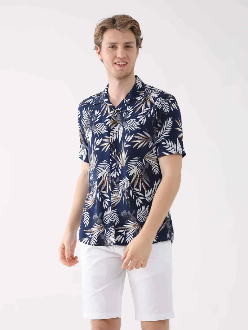 Dufy Navy Blue Men's Regular Fit Open Collar Short Sleeve Shirt