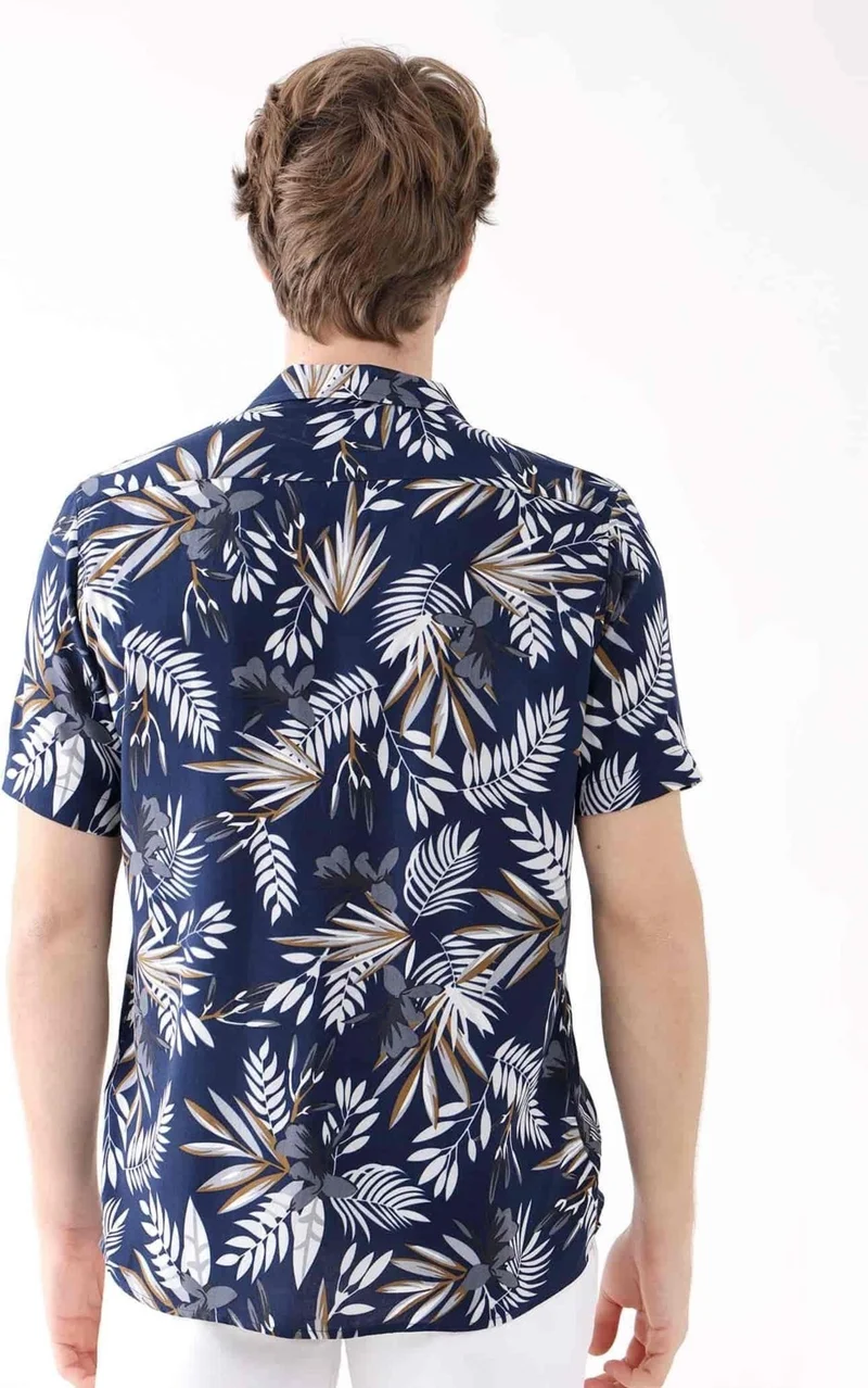Dufy Navy Blue Men's Regular Fit Open Collar Short Sleeve Shirt