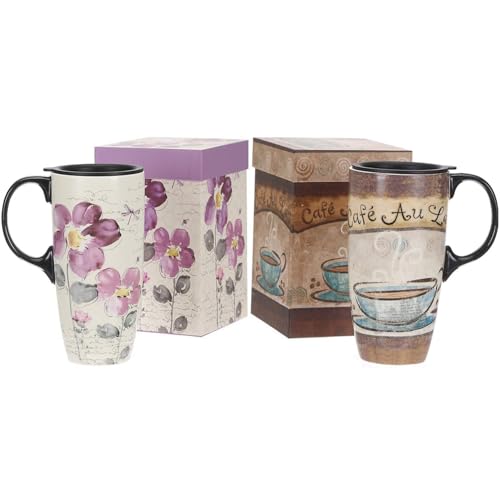 Topadorn Ceramic Travel Mug Latte Mug 17 oz. Coffee Cup with Sealed Lid and Gift Box, Set of 2 - Image 1