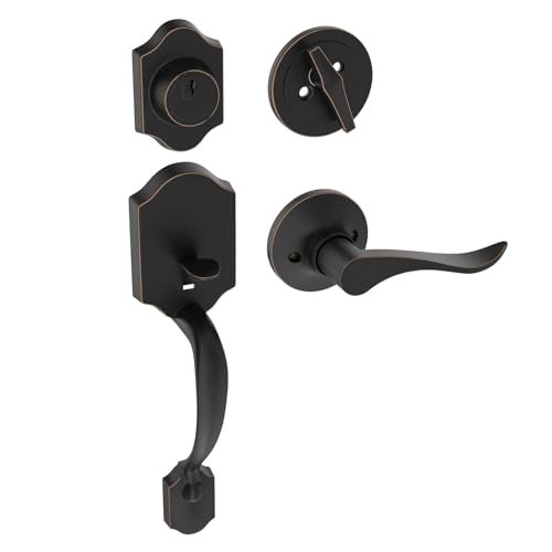 HOSOM Front Door Handle and Deadbolt Set, Front Door Lock Set with Reversible Handle Lever Entry Handleset Exterior with Single Cylinder Deadbolt, Reversible for Right and Left, Oil Rubbed Bronze - Image 1