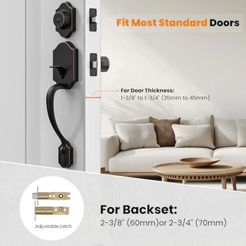 HOSOM Front Door Handle and Deadbolt Set, Front Door Lock Set with Reversible Handle Lever Entry Handleset Exterior with Single Cylinder Deadbolt, Reversible for Right and Left, Oil Rubbed Bronze - Image 2