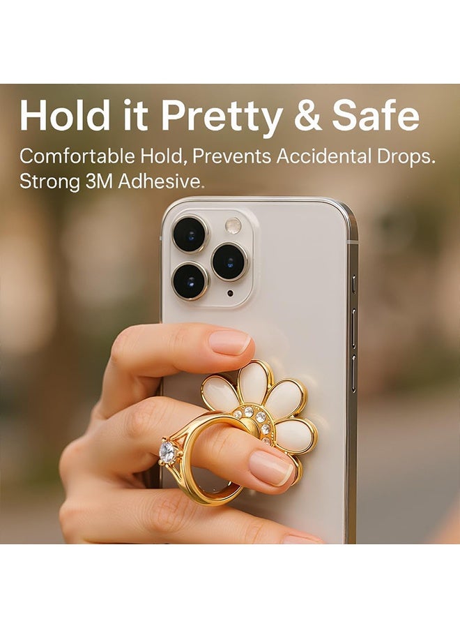 جي دي حامل هاتف خلوي حلقي مكون من 4 قطع، مزود بمقبض على شكل زهرة بيضاء بتسعة بتلات، ومقبض معدني قابل للطي بزاوية 360 درجة، متوافق مع مختلف أنواع الهواتف المحمولة. - Image 5