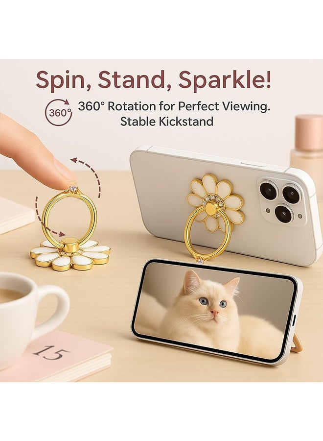 جي دي حامل هاتف خلوي حلقي مكون من 4 قطع، مزود بمقبض على شكل زهرة بيضاء بتسعة بتلات، ومقبض معدني قابل للطي بزاوية 360 درجة، متوافق مع مختلف أنواع الهواتف المحمولة. - Image 2