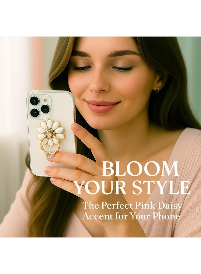 جي دي حامل هاتف خلوي حلقي مكون من 4 قطع، مزود بمقبض على شكل زهرة بيضاء بتسعة بتلات، ومقبض معدني قابل للطي بزاوية 360 درجة، متوافق مع مختلف أنواع الهواتف المحمولة. - Image 4