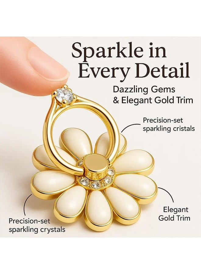 جي دي حامل هاتف خلوي حلقي مكون من 4 قطع، مزود بمقبض على شكل زهرة بيضاء بتسعة بتلات، ومقبض معدني قابل للطي بزاوية 360 درجة، متوافق مع مختلف أنواع الهواتف المحمولة. - Image 3