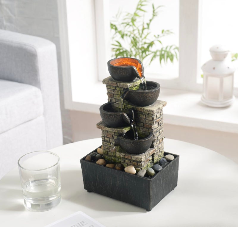 Haobos Haobos Indoor Waterfall Fountain 4Tier Cascading Bowl Home Dcor Relaxation Water Zen Meditation Tabletop Fountain Artistic Desk Fountains with LEDRocks HomeOffice Decoration 