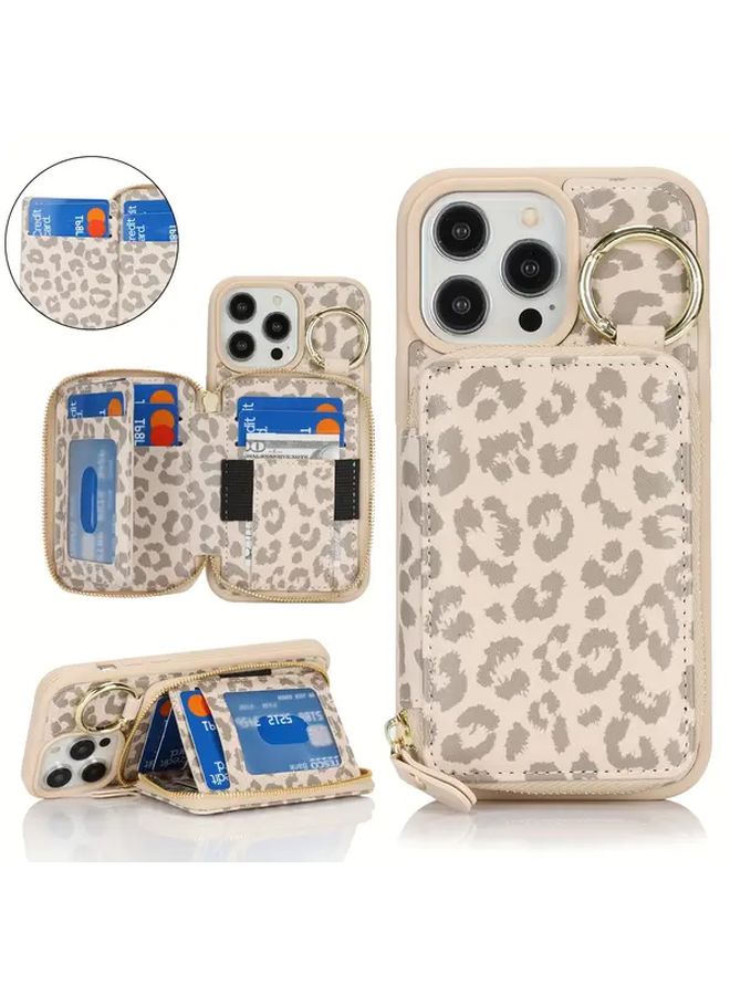 محفظة هاتف بيجية بمطبوع نمر متوافقة مع آيفون 14 برو ماكس تحتوي على فتحة لبطاقات وحجرة بسحاب وحلقة حامل - Image 1