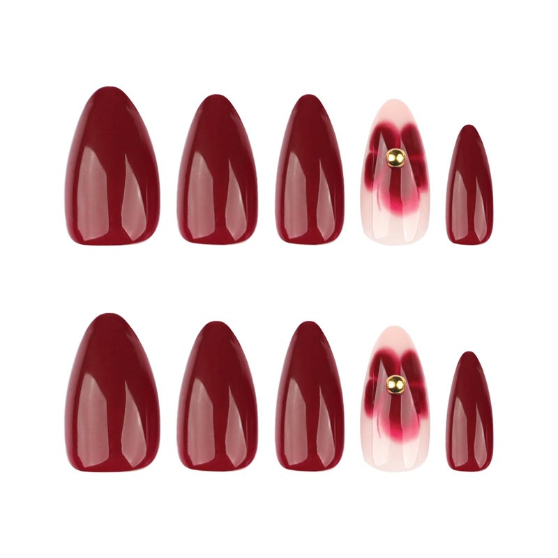 ASABITE 24Pcs Dark Red Almond Press on Nails Short Medium Fake Nails with Floral Steel Ball Design Reusable Almond False Nails Kit Red Flower Nails Press ons Artificial Spring Summer Flower Nail for Women - Image 5