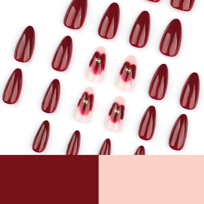 ASABITE 24Pcs Dark Red Almond Press on Nails Short Medium Fake Nails with Floral Steel Ball Design Reusable Almond False Nails Kit Red Flower Nails Press ons Artificial Spring Summer Flower Nail for Women - Image 2