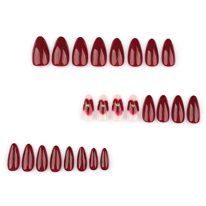ASABITE 24Pcs Dark Red Almond Press on Nails Short Medium Fake Nails with Floral Steel Ball Design Reusable Almond False Nails Kit Red Flower Nails Press ons Artificial Spring Summer Flower Nail for Women - Image 4