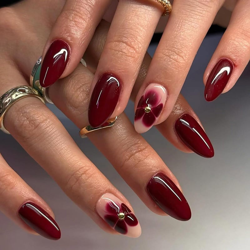 ASABITE 24Pcs Dark Red Almond Press on Nails Short Medium Fake Nails with Floral Steel Ball Design Reusable Almond False Nails Kit Red Flower Nails Press ons Artificial Spring Summer Flower Nail for Women - Image 1