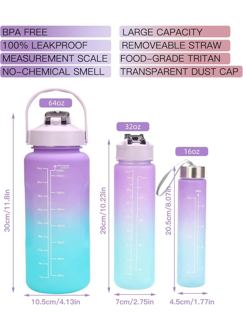 Generic Motivational Water Bottle with Straw 3 Pcs, 64oz 32oz 16oz Time Marker Large Drinking Bottles Leakproof Half Gallon 2L Water Jugs for Sports Gym Travel BPA Free - Multicolor - Image 3