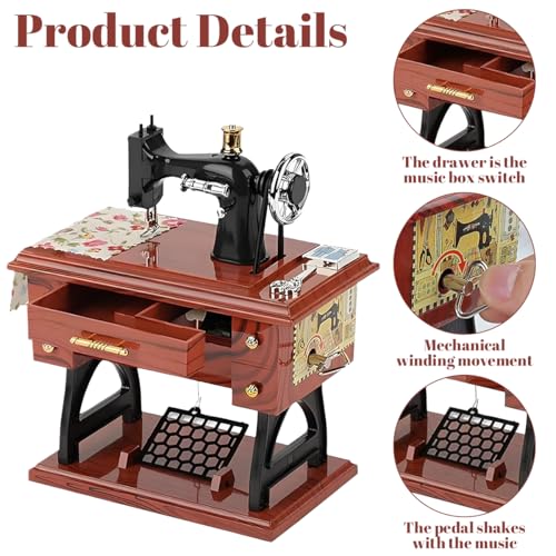 PATPAT Vintage Mini Sewing Machine Retro Style Music Box Showpiece Wind-Up Music Box Ornament Creative Desk Decor Toy Vintage Gift for Kid Children - Image 3