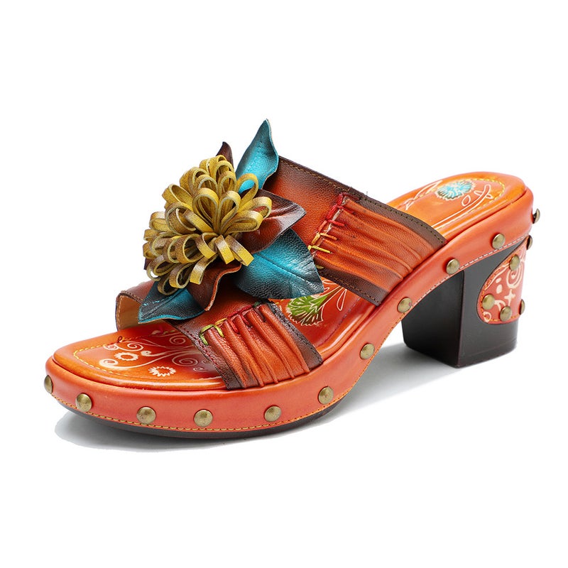 Spot New Genuine Leather Vintage Hand-Polished Color Pleated Crinkle Three-Dimensional Flower Comfortable Sandals High Heels - Image 1