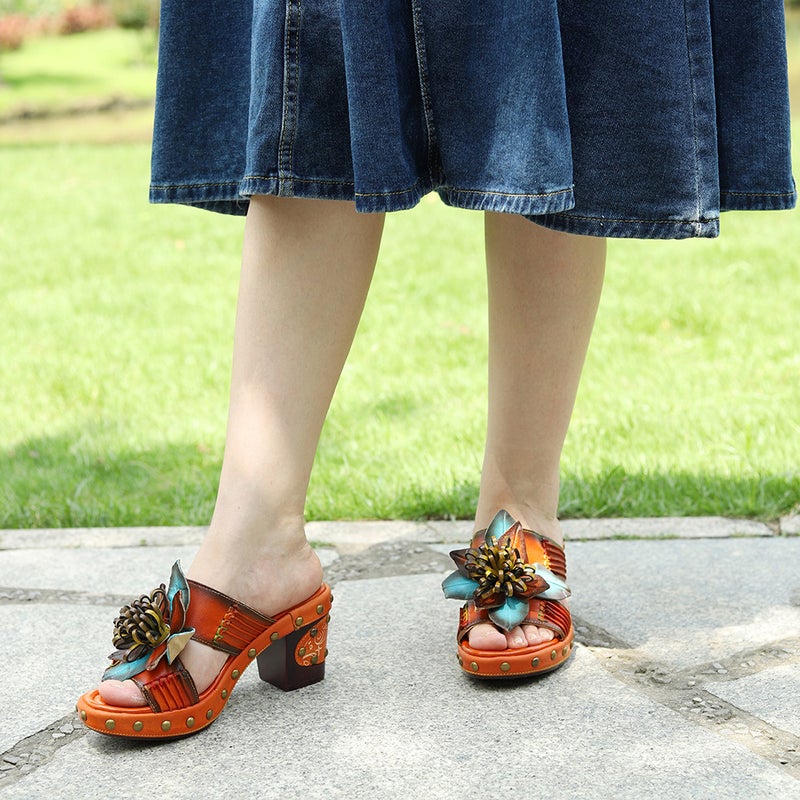 Spot New Genuine Leather Vintage Hand-Polished Color Pleated Crinkle Three-Dimensional Flower Comfortable Sandals High Heels - Image 5