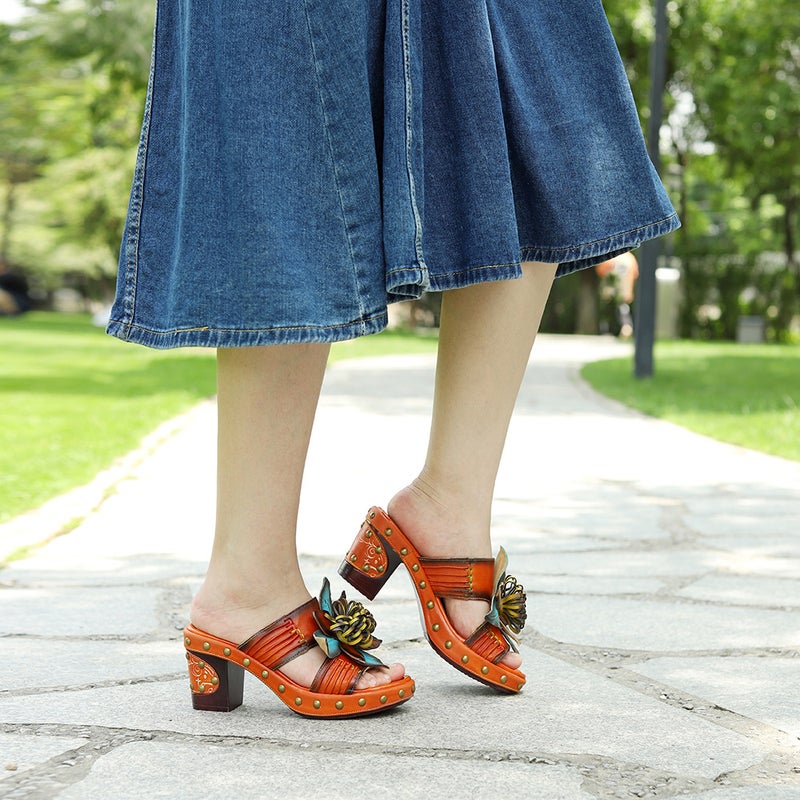 Spot New Genuine Leather Vintage Hand-Polished Color Pleated Crinkle Three-Dimensional Flower Comfortable Sandals High Heels - Image 4