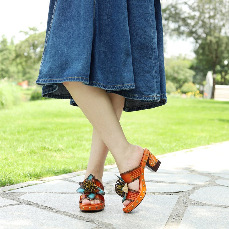 Spot New Genuine Leather Vintage Hand-Polished Color Pleated Crinkle Three-Dimensional Flower Comfortable Sandals High Heels - Image 2