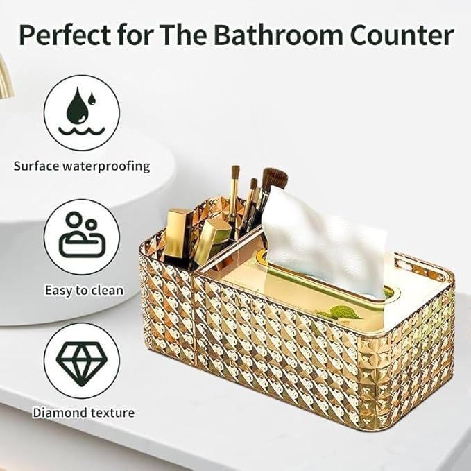 DS ENTERPRISE Luxury Tissue Box Holder | Diamond Napkin Container Case Multi Functional Tissue Paper Box Holder with 2 Compartment for Decorative Makeup Brush/Pen/Remote Organizer for Home/Office (Multicolor) - Image 2