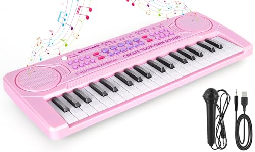 M SANMERSEN Kids Piano Keyboard 37 Keys Music Keyboard Piano Toys with Microphone Portable Dual Speaker Electronic Piano Keyboard Birthday Gift for Beginners Girls Ages 3 4 5 6 Pink - Image 1
