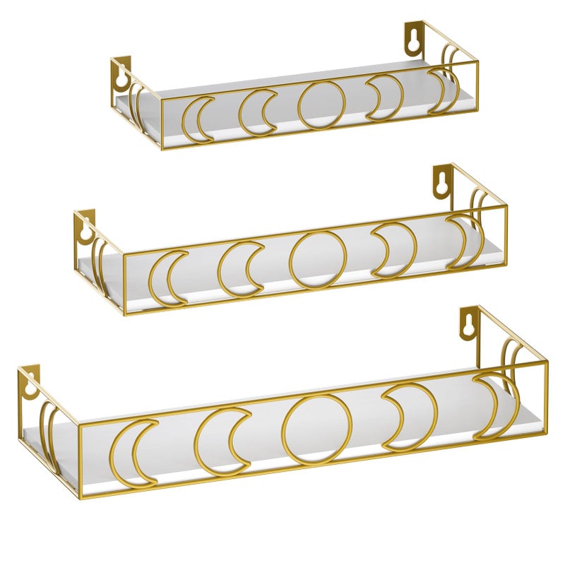 Serwrsw Gold Moon Phase Wall Shelf, 3 Piece Small Floating Shelves Set for Storage Book Plant, Crystal Display Shelf for Bedroom Living Room Decor, White Board - Image 1