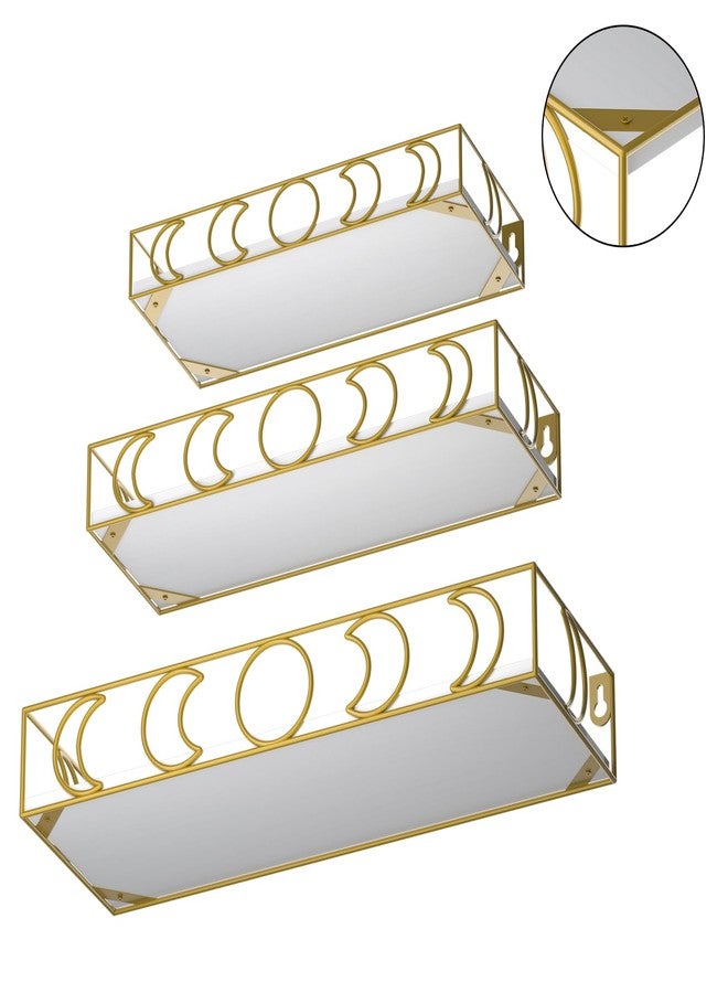 Serwrsw Gold Moon Phase Wall Shelf, 3 Piece Small Floating Shelves Set for Storage Book Plant, Crystal Display Shelf for Bedroom Living Room Decor, White Board - Image 3