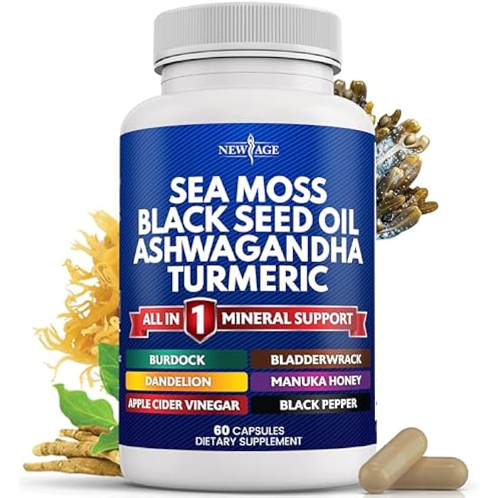 NEW AGE Sea Moss Black Seed Oil Ashwagandha Turmeric Bladderwrack Burdock - with Manuka, Honey Dandelion, ACV Black Pepper Gluten Free - Image 1