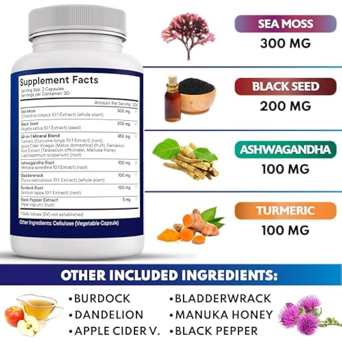 NEW AGE Sea Moss Black Seed Oil Ashwagandha Turmeric Bladderwrack Burdock - with Manuka, Honey Dandelion, ACV Black Pepper Gluten Free - Image 3