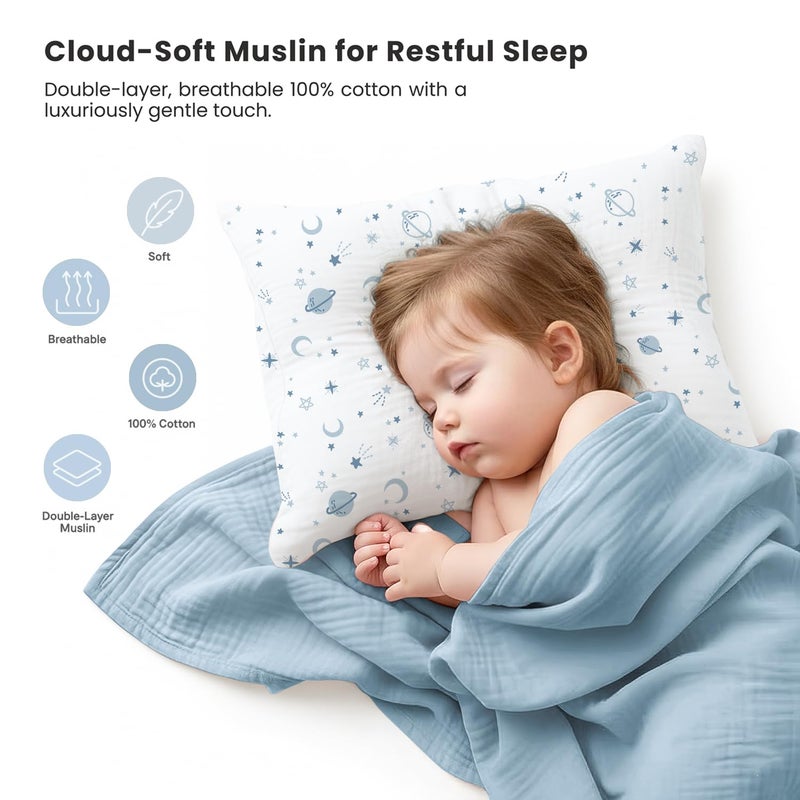Konssy Muslin Toddler Pillowcase 13"x18", 2 Pack 100% Cotton Toddler Pillow Case for Kids, Boys, Girls, Soft & Snug Fit Baby Pillow Covers with Envelope Closure (Star,Blue) - Image 2