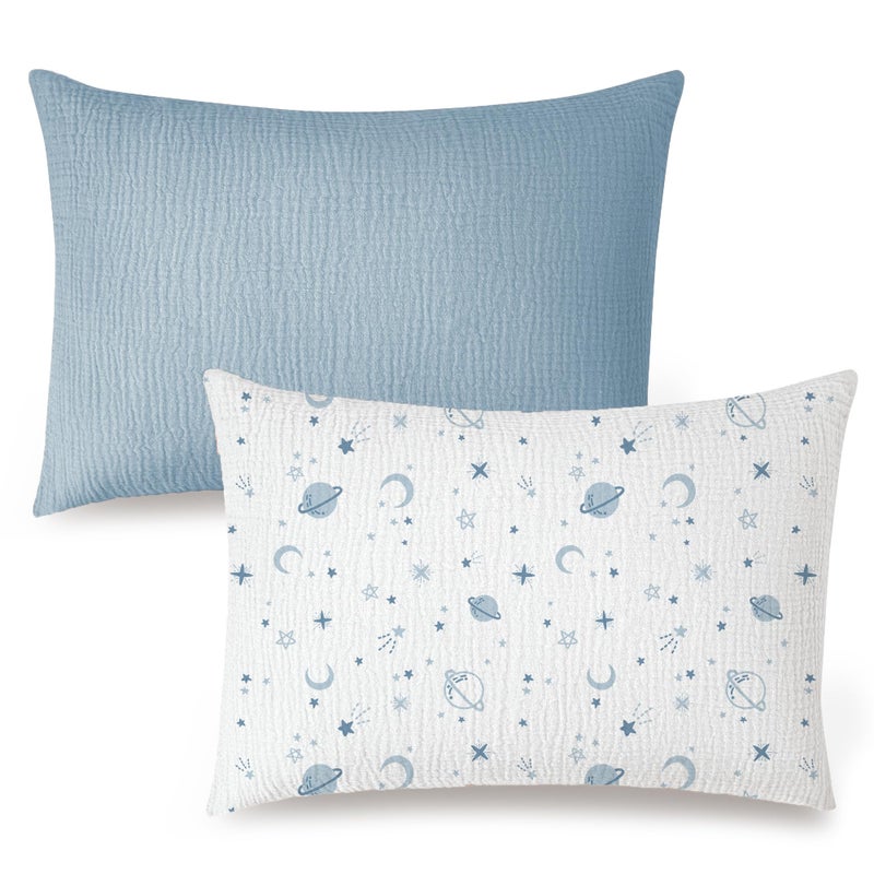 Konssy Muslin Toddler Pillowcase 13"x18", 2 Pack 100% Cotton Toddler Pillow Case for Kids, Boys, Girls, Soft & Snug Fit Baby Pillow Covers with Envelope Closure (Star,Blue) - Image 1