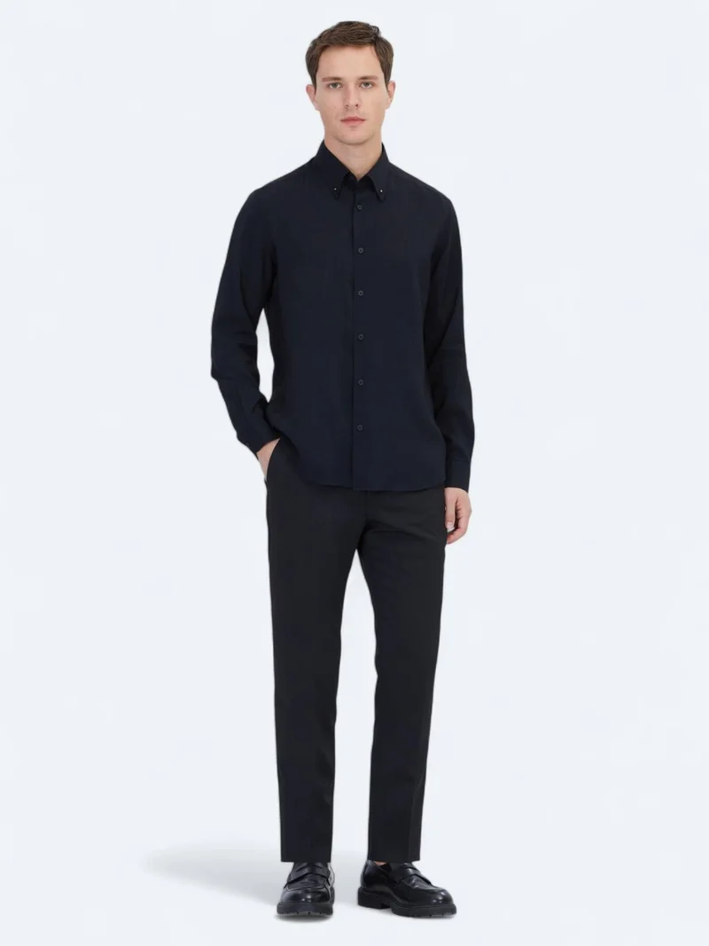 Kip Black Regular Fit Long Weaving Casual Shirt