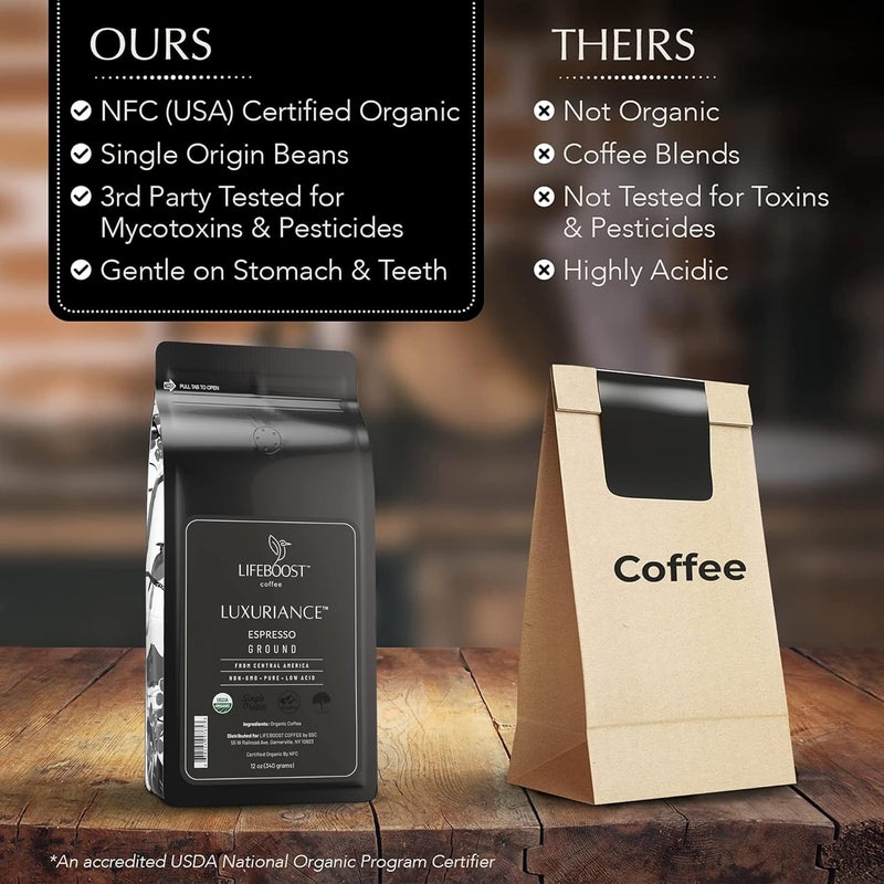 Lifeboost Luxuriance Espresso Ground Coffee - Non-GMO, Low Acid, USDA Organic, 12oz - Image 4